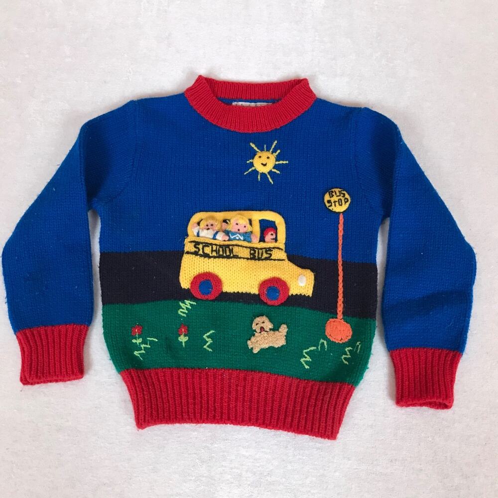 Vintage Harlequin Designs Embroidered 3D Knit School Bus Toddler Sweater Size 4
